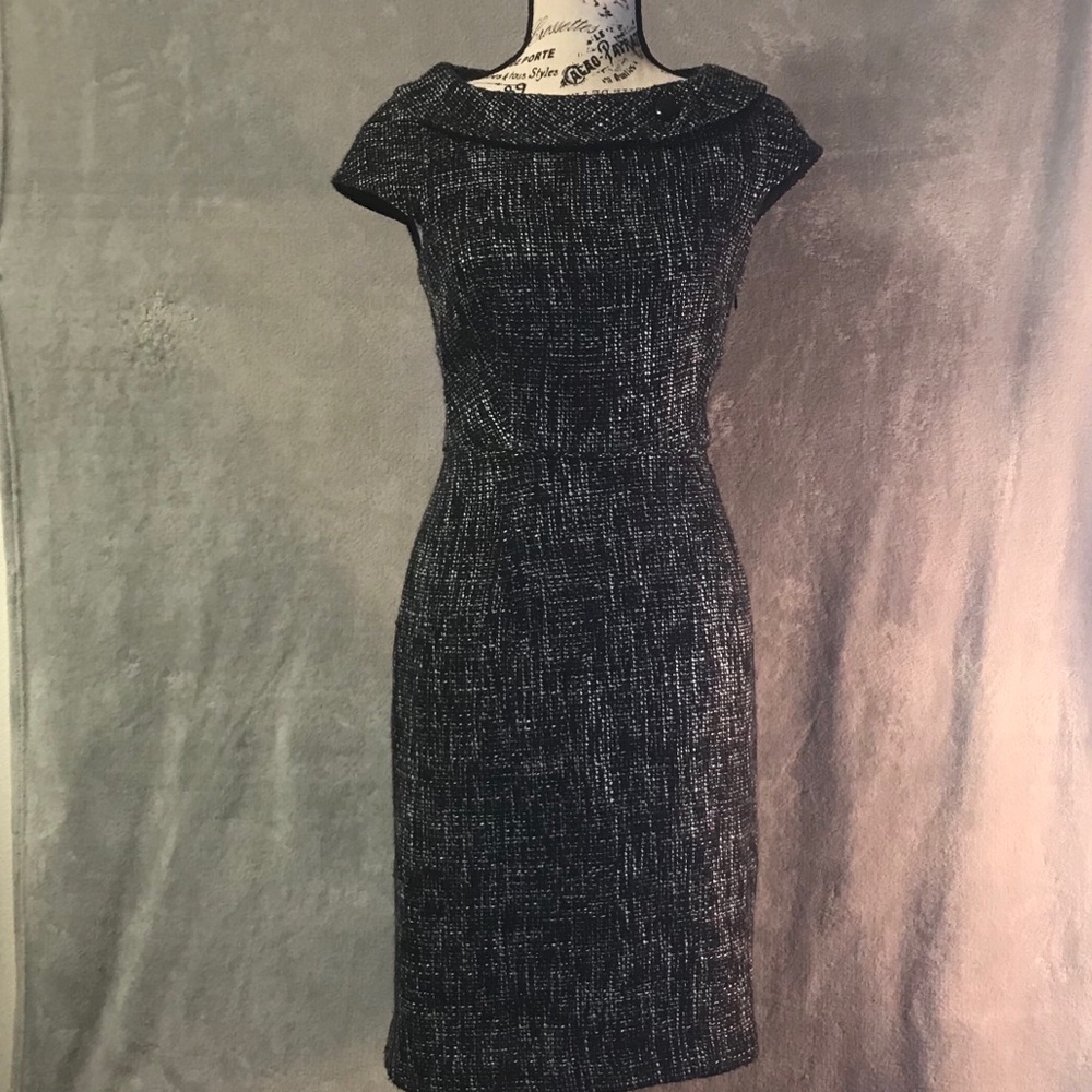 Ann Taylor Black White Tweed Shift Dress Petite 4P